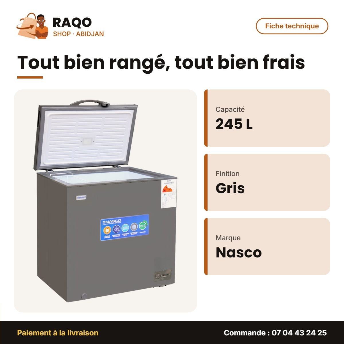 Congélateur Horizontal Nasco – Gris – 245L – Éco Energie | NASCF-300-LM