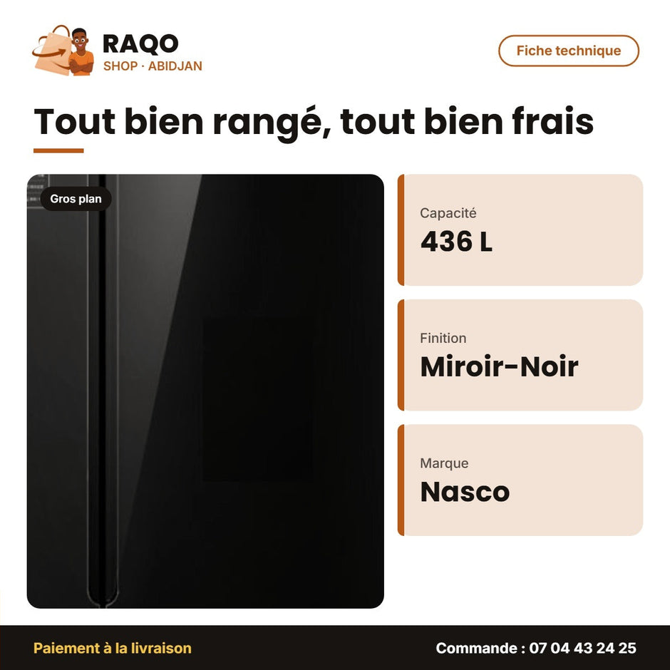Réfrigérateur Américain Nasco – 2 Portes – 436L Net – Miroir-Noir | HNASF2-55.1S