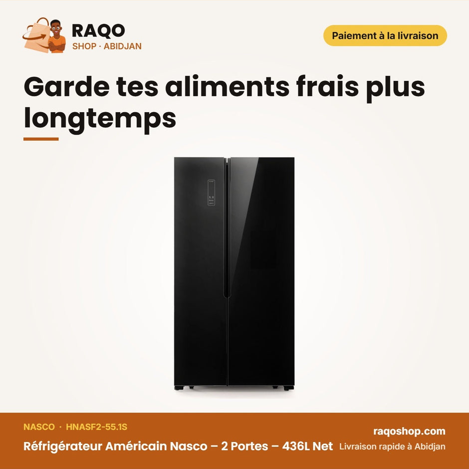 Réfrigérateur Américain Nasco – 2 Portes – 436L Net – Miroir-Noir | HNASF2-55.1S