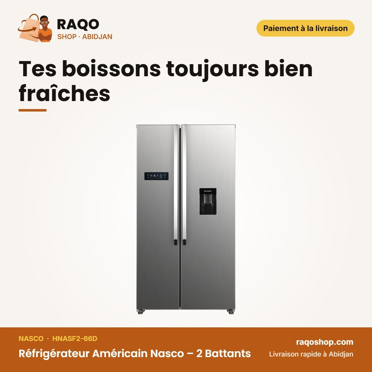 Réfrigérateur Américain Nasco – 2 Battants – 529L(344L+185L) – Inox | HNASF2-66D