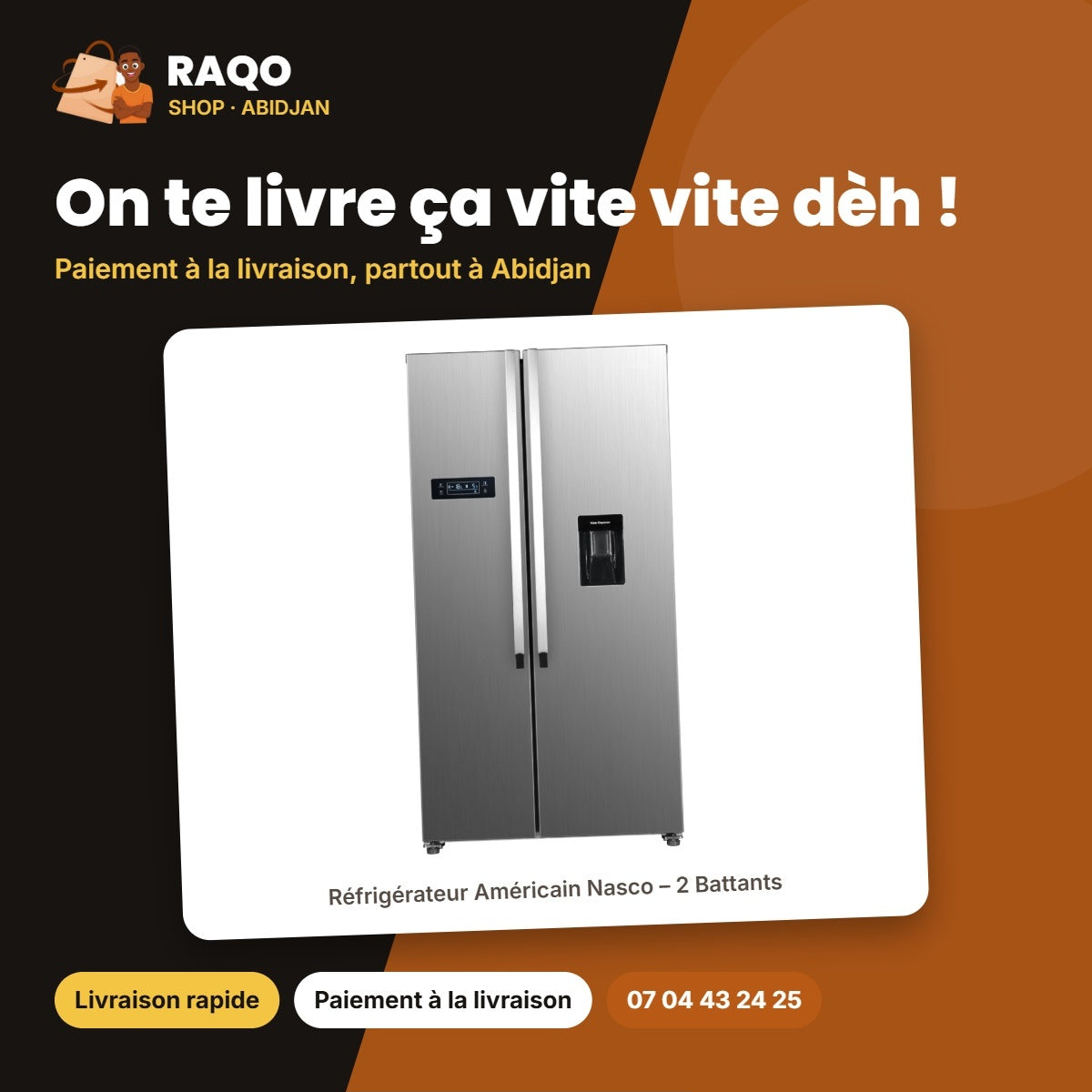 Réfrigérateur Américain Nasco – 2 Battants – 529L(344L+185L) – Inox | HNASF2-66D