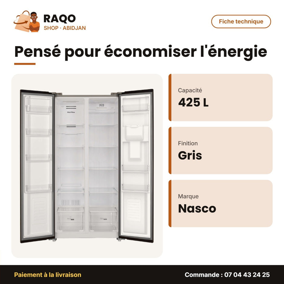 62,V1WD - Réfrigérateur Américain Nasco – 2 Portes – 425L – Gris Fonce | SNASF2-62,V1WD