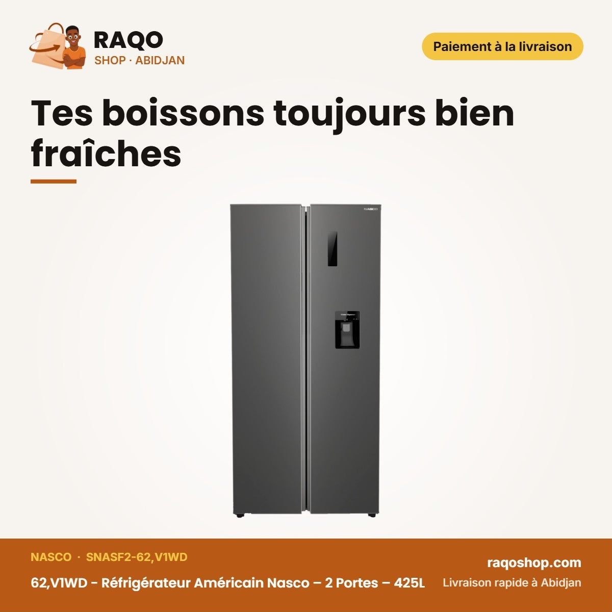 62,V1WD - Réfrigérateur Américain Nasco – 2 Portes – 425L – Gris Fonce | SNASF2-62,V1WD