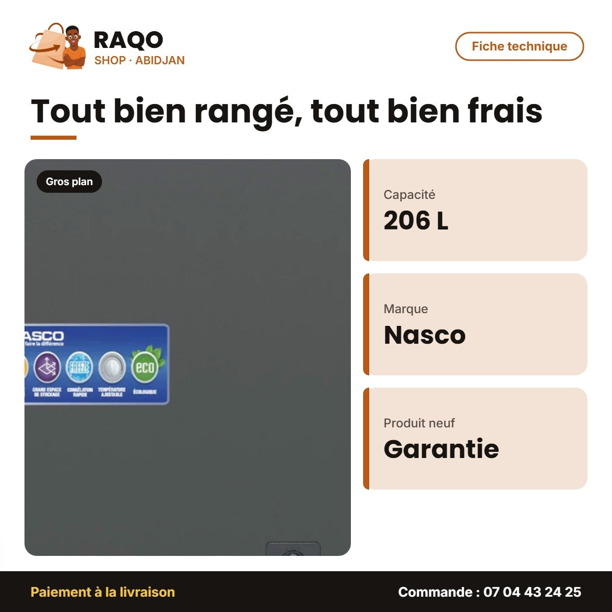 Congélateur Horizontal Nasco – 206L – 1PORTE – 1 Panier Interne | NAS-275WA-DS