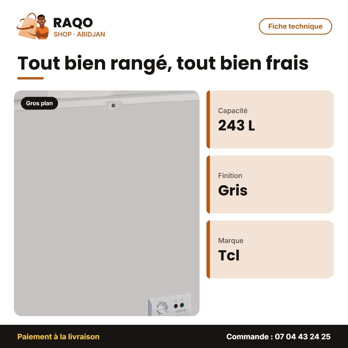 Congélateur Horizontal TCL – 243L Net – Gris – 2 Paniers Internes | TCL_F250CFS