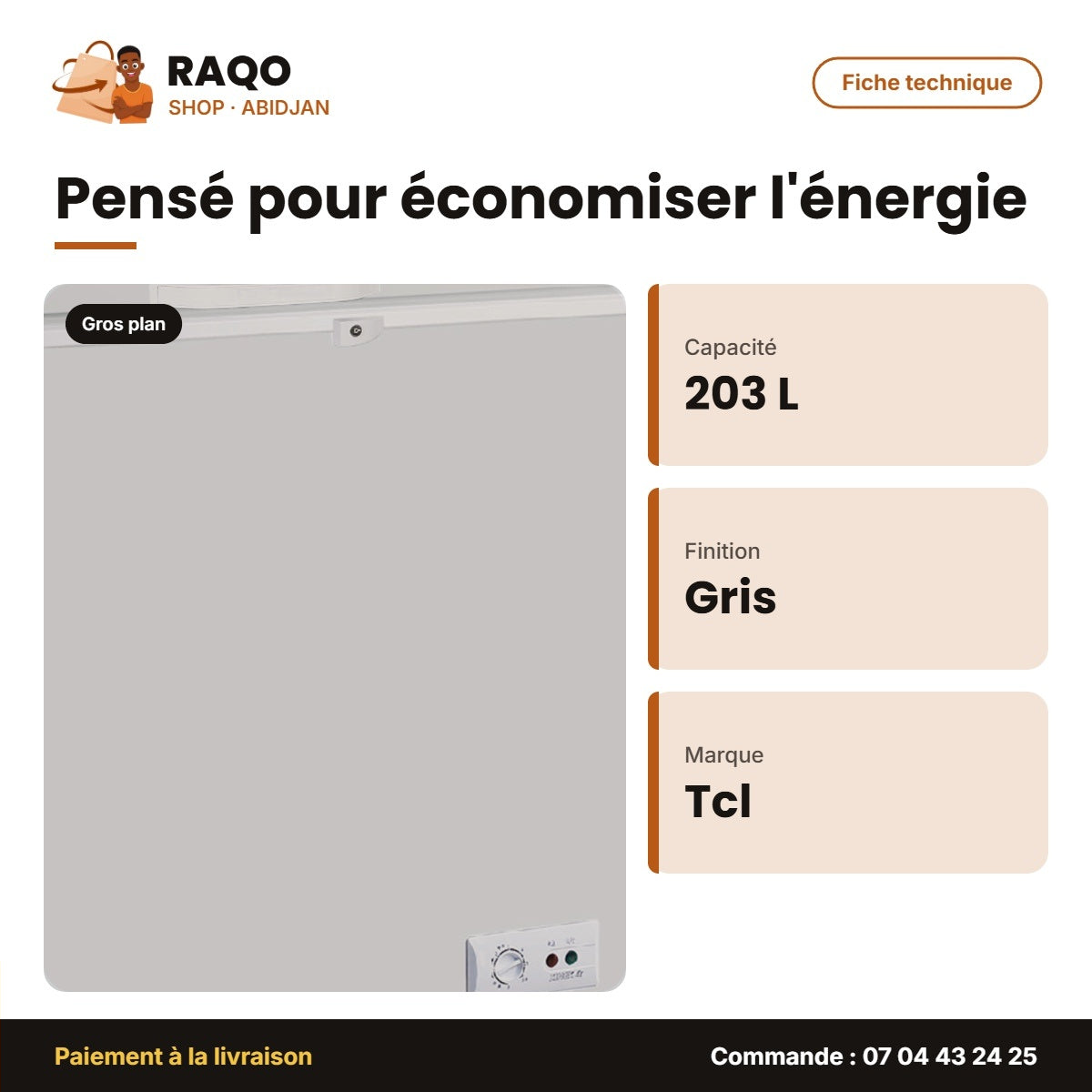 Congélateur Horizontal TCL – 203L Net – Gris – 2 Paniers Internes | TCL_F210CFS