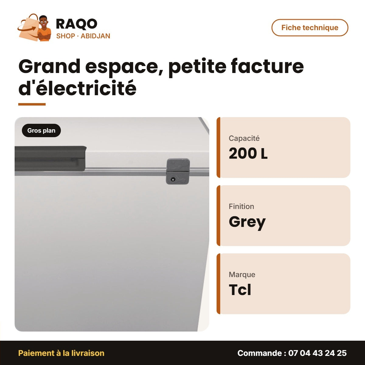 Congélateur Horizontal TCL – 200L – 1 Panier Interne – Grey | F257CFSL