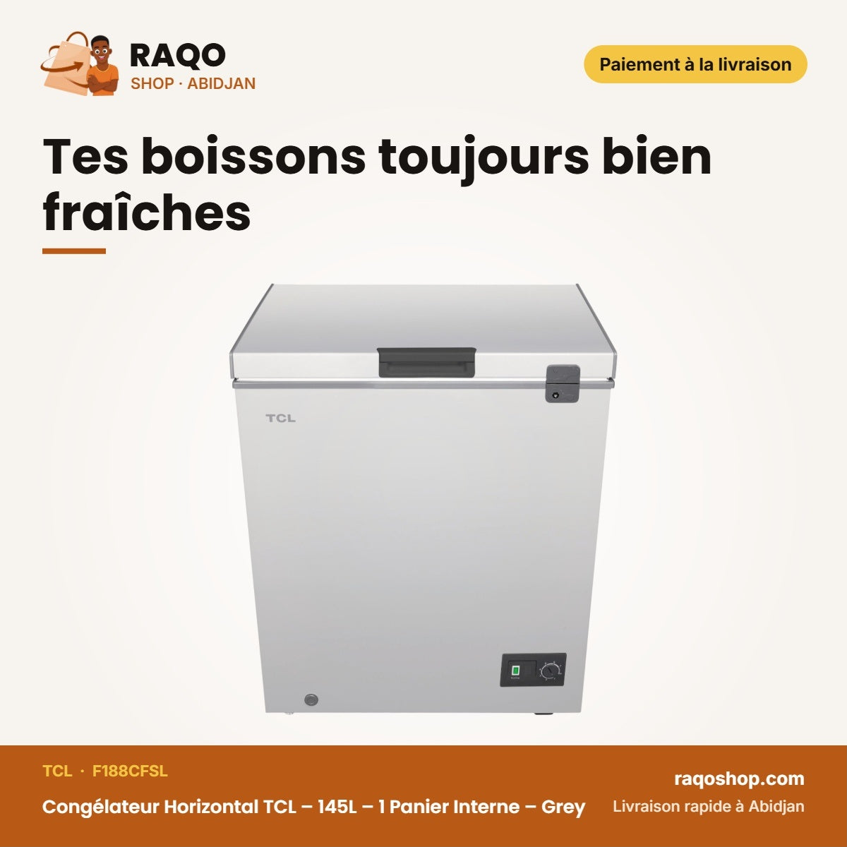 Congélateur Horizontal TCL – 145L – 1 Panier Interne – Grey | F188CFSL