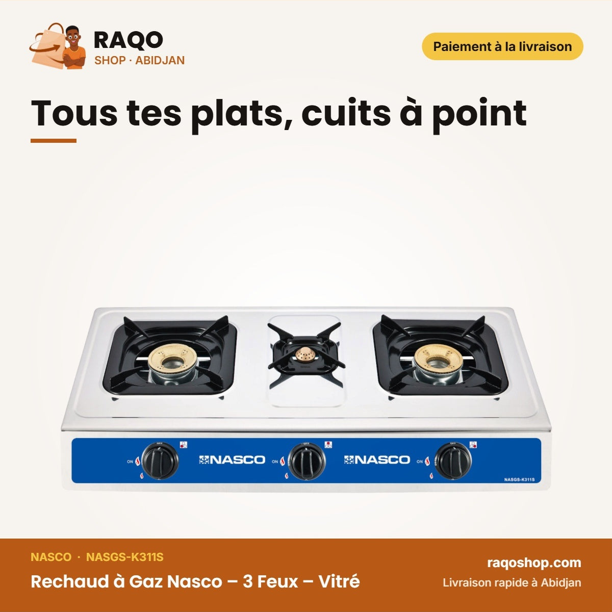 Rechaud à Gaz Nasco – 3 Feux – Vitré – Grille Porte Casserole Noir | NASGS-K311S
