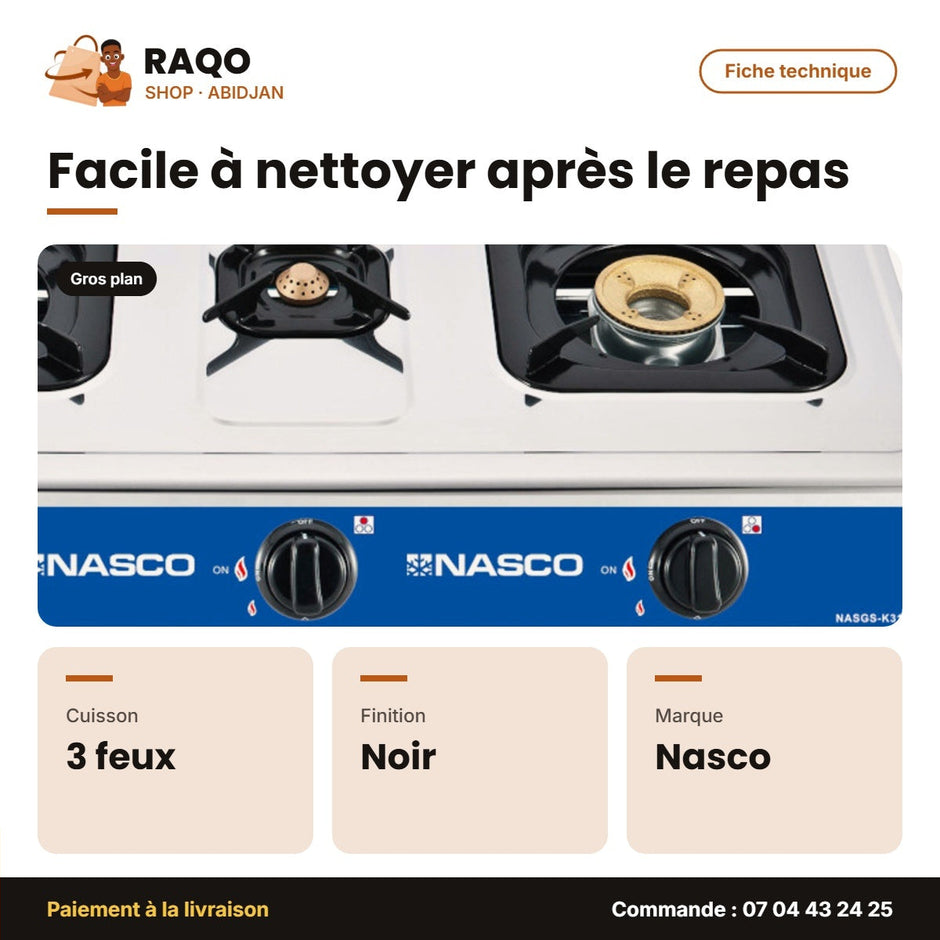Rechaud à Gaz Nasco – 3 Feux – Vitré – Grille Porte Casserole Noir | NASGS-K311S