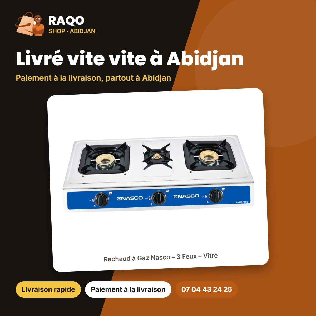 Rechaud à Gaz Nasco – 3 Feux – Vitré – Grille Porte Casserole Noir | NASGS-K311S