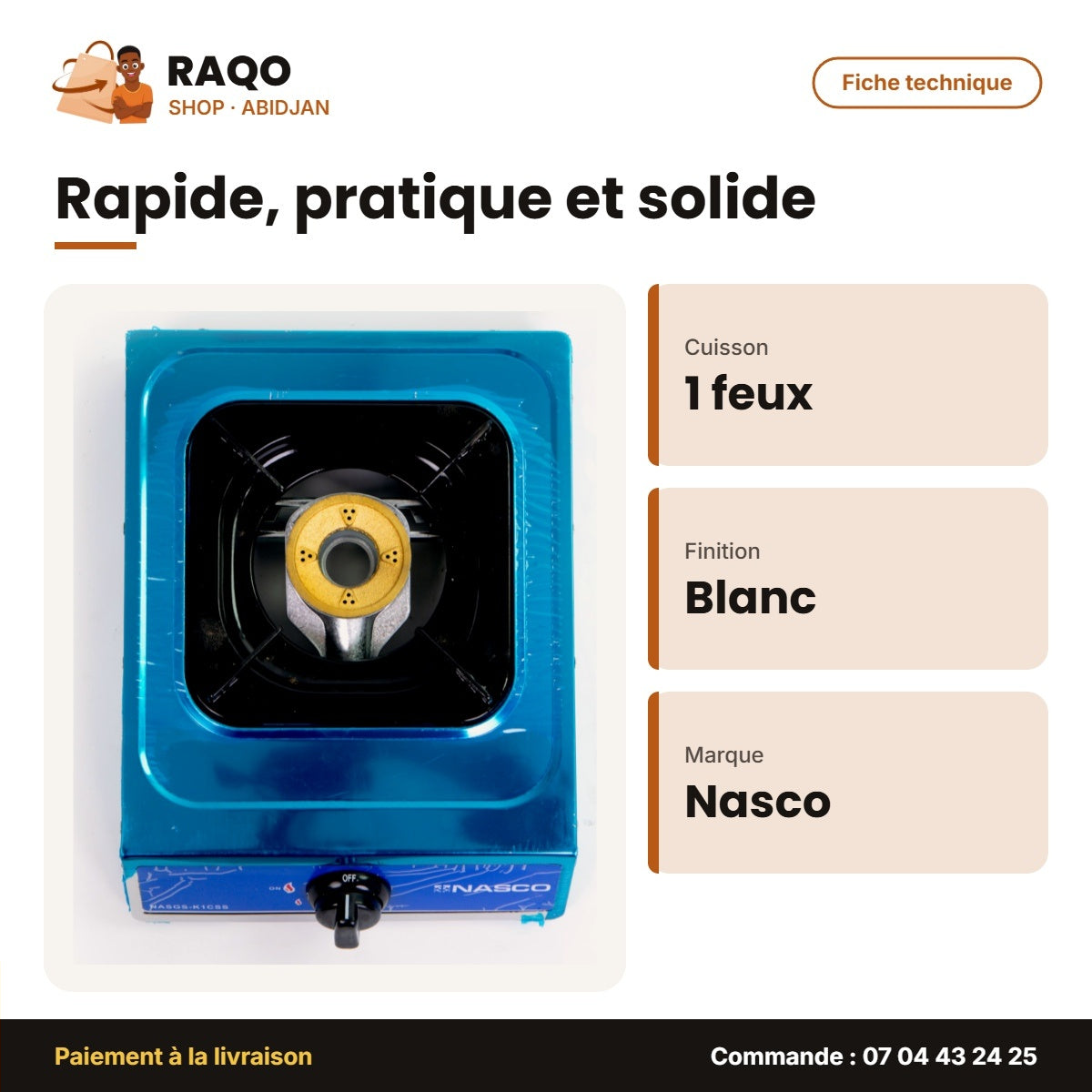 Rechaud à Gaz Nasco – Blanc – 1 Feux – Bruleurs à Gaz en Cuivre | NASGS-K1CSS