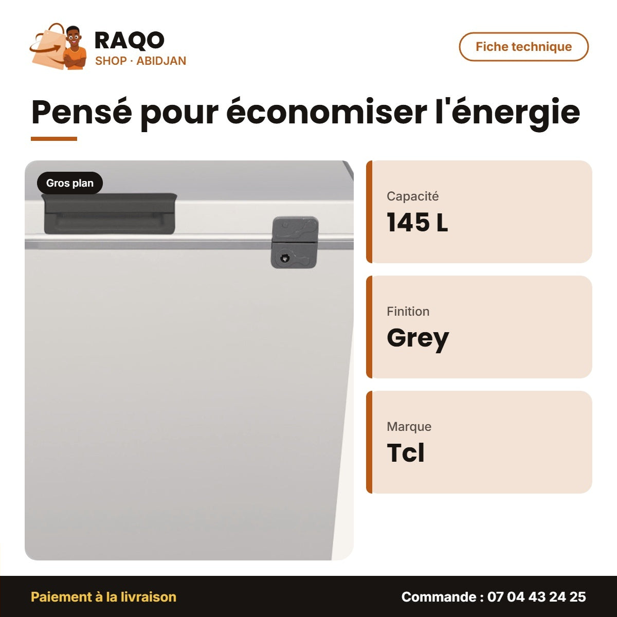 Congélateur Horizontal TCL – 145L – 1 Panier Interne – Grey | F188CFSL