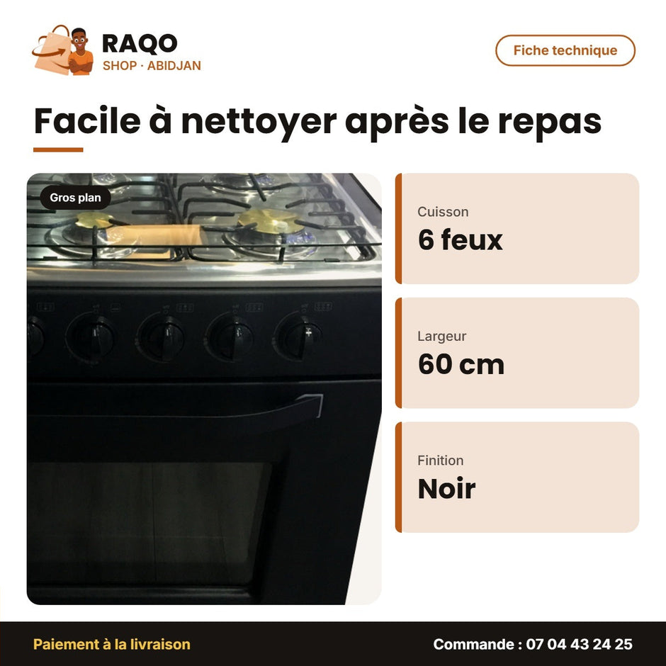 Gazinière Nasco – 6 Feux – Noir – 80*60CM | GCNAS-8060B