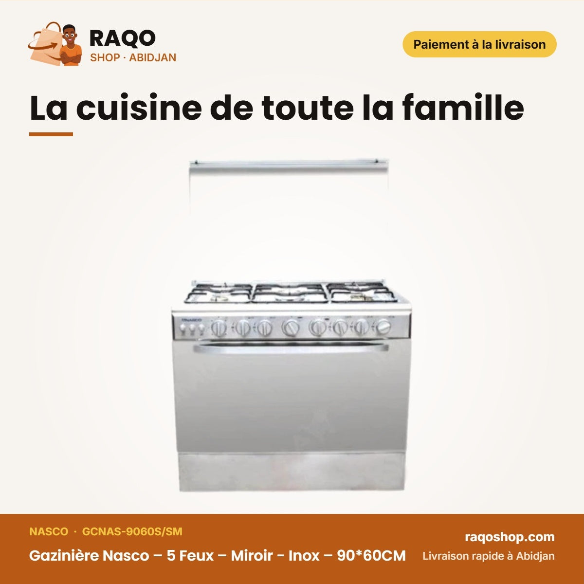 Gazinière Nasco – 5 Feux – Miroir - Inox – 90*60CM | GCNAS-9060S/SM