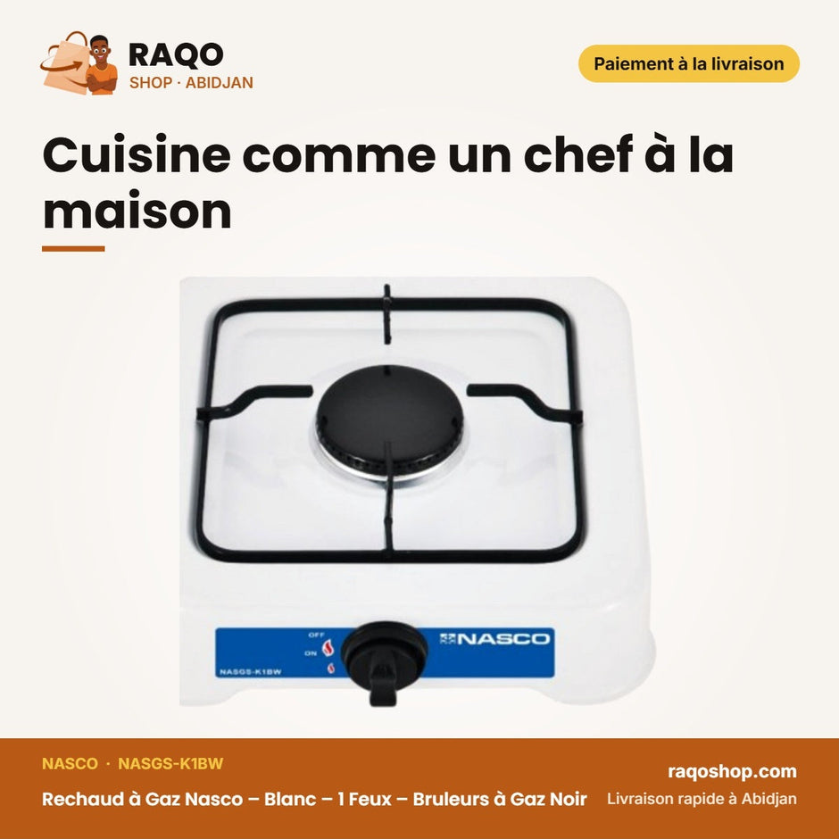 Rechaud à Gaz Nasco – Blanc – 1 Feux – Bruleurs à Gaz Noir | NASGS-K1BW