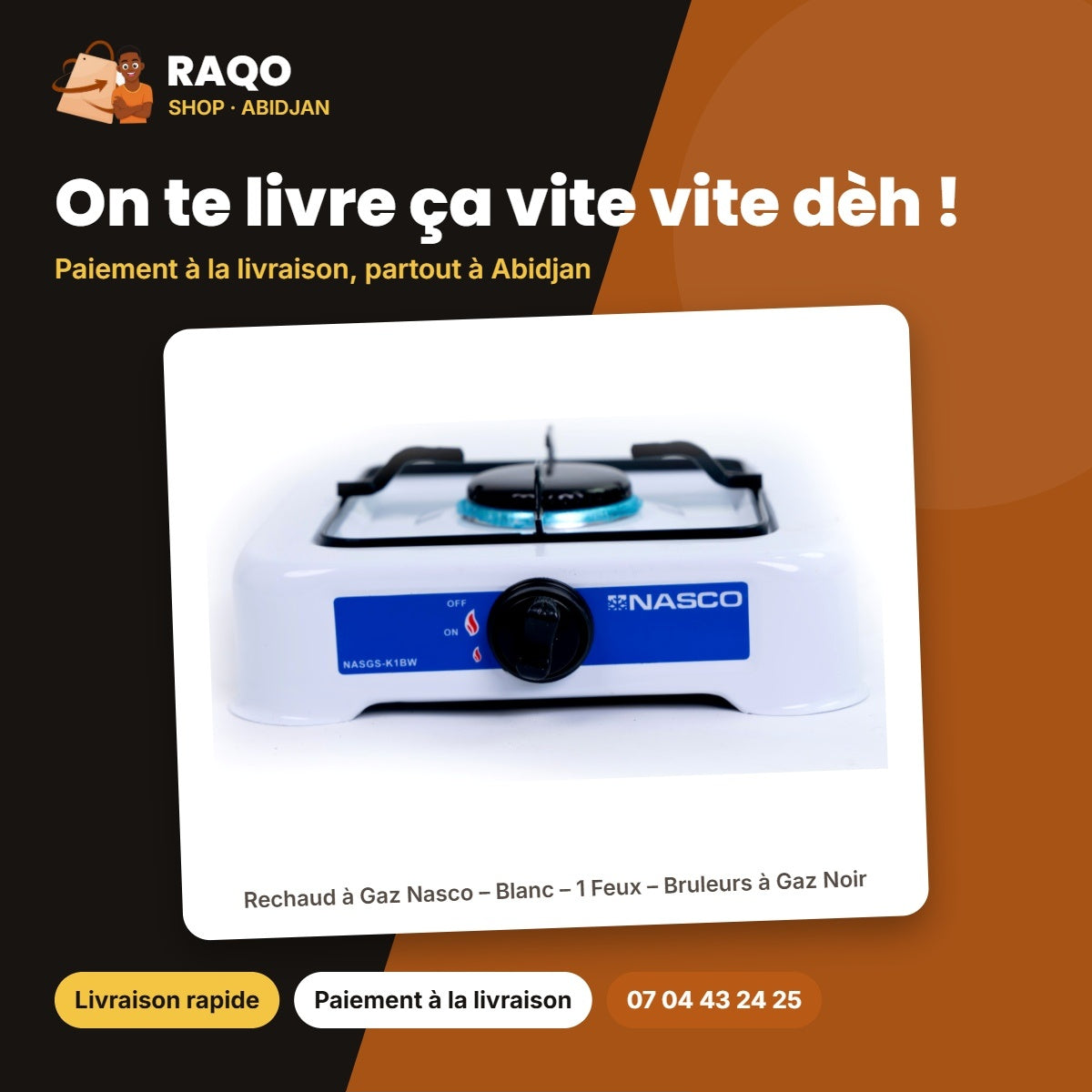Rechaud à Gaz Nasco – Blanc – 1 Feux – Bruleurs à Gaz Noir | NASGS-K1BW