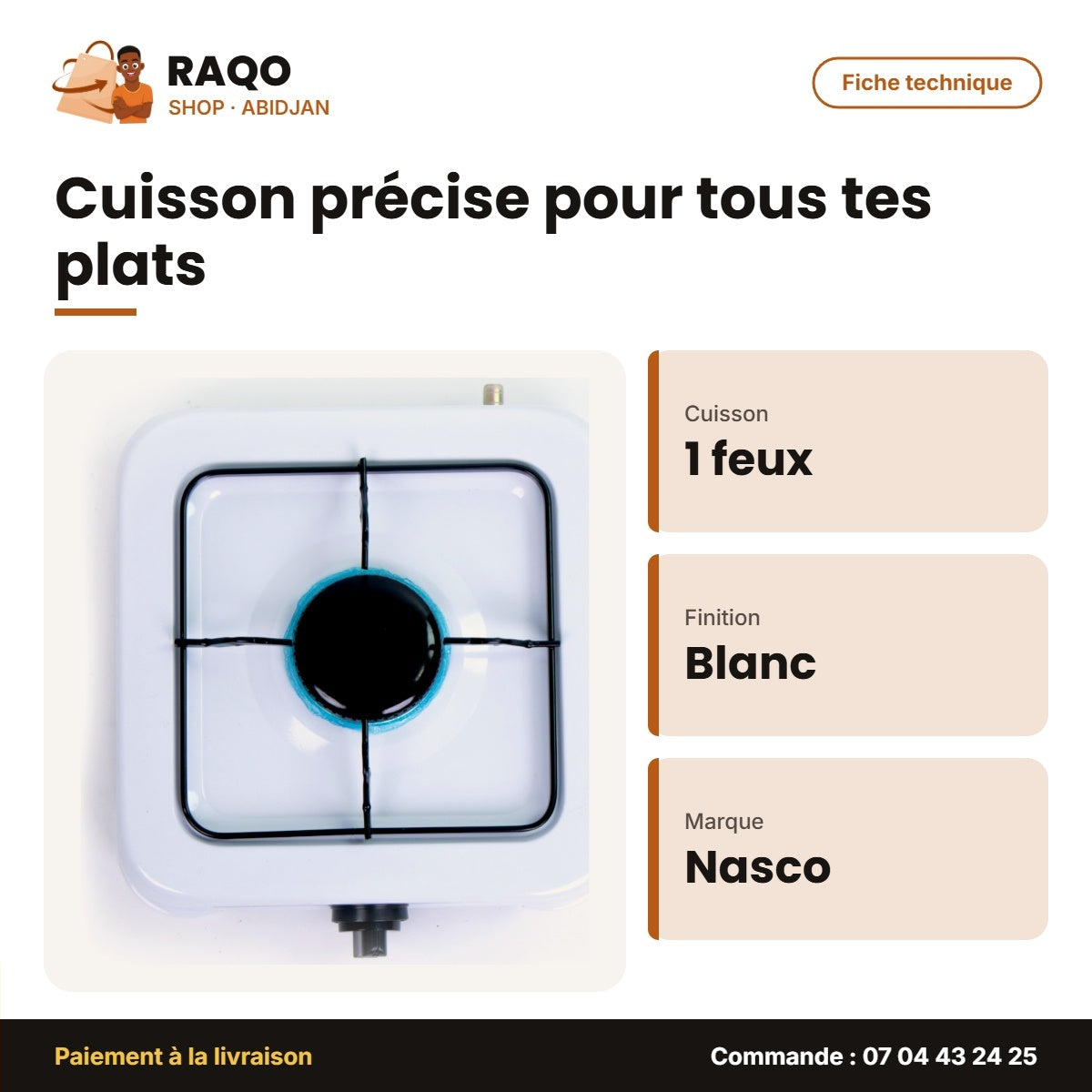 Rechaud à Gaz Nasco – Blanc – 1 Feux – Bruleurs à Gaz Noir | NASGS-K1BW