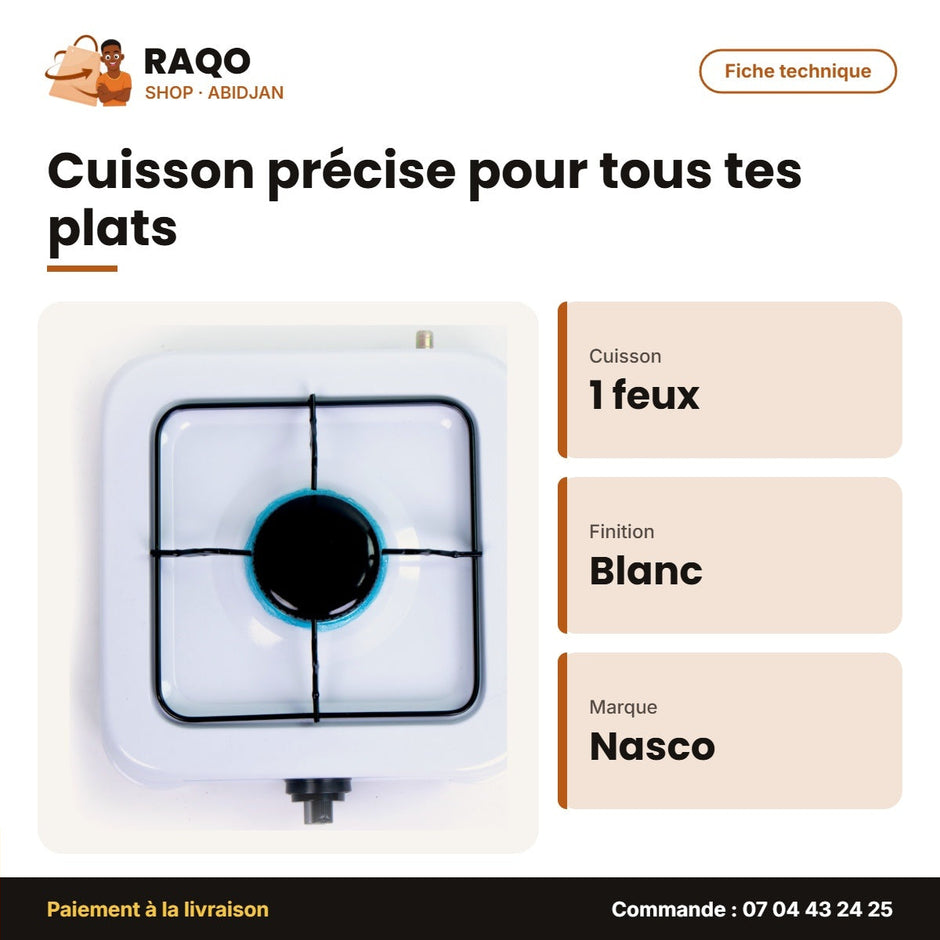 Rechaud à Gaz Nasco – Blanc – 1 Feux – Bruleurs à Gaz Noir | NASGS-K1BW