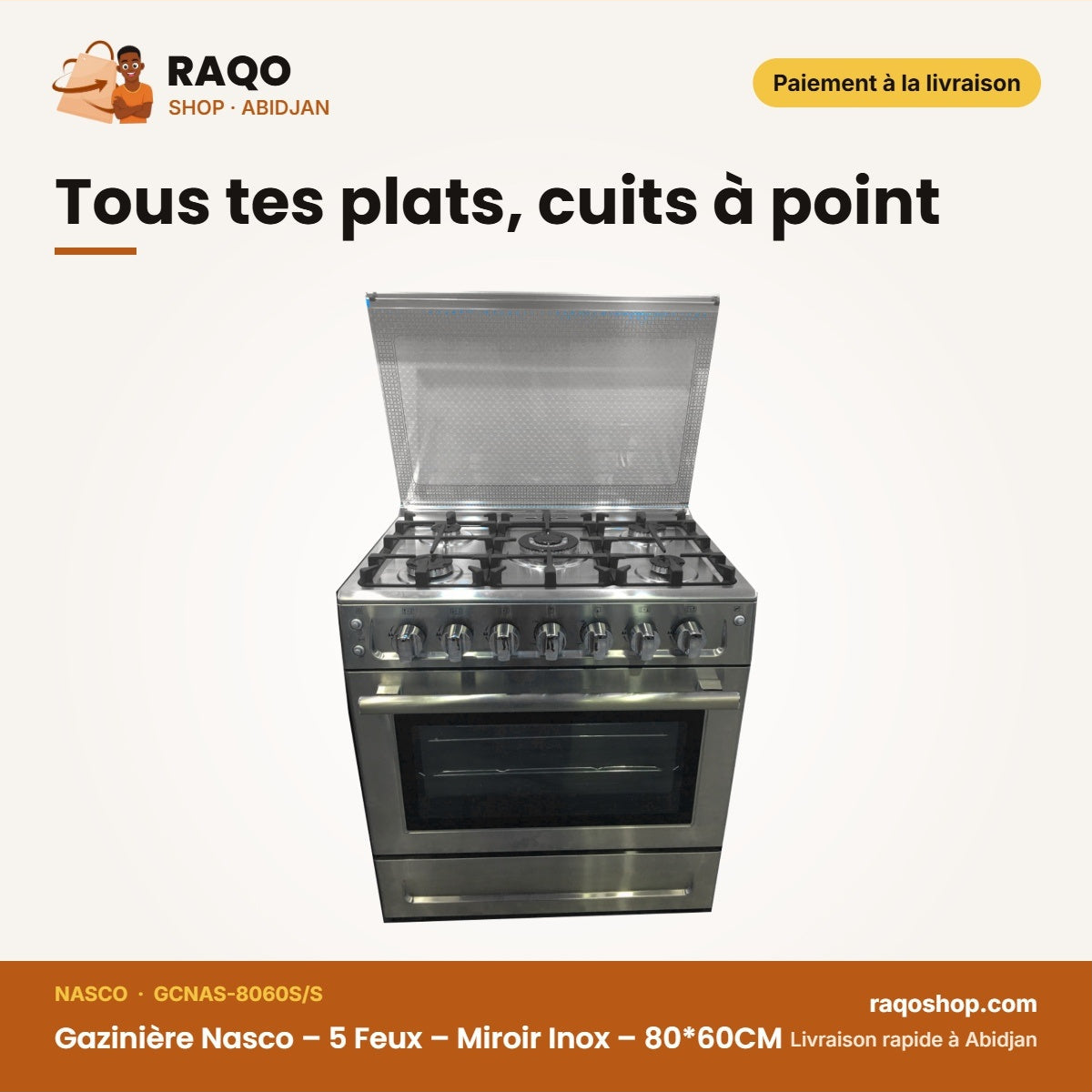 Gazinière Nasco – 5 Feux – Miroir Inox – 80*60CM | GCNAS-8060S/S