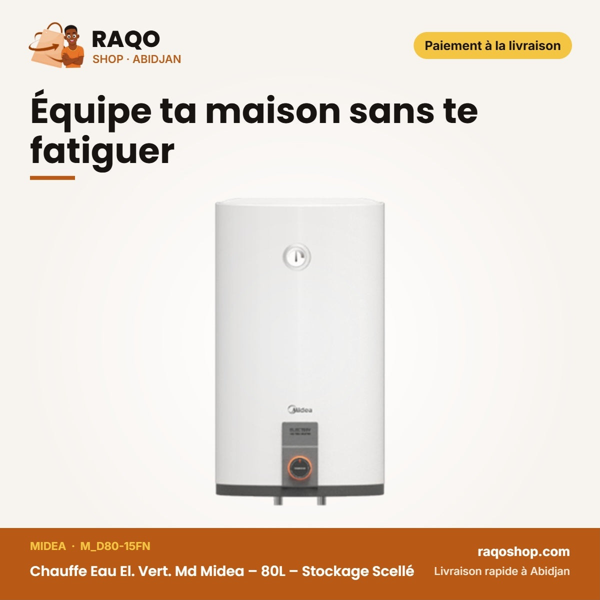 Chauffe Eau El. Vert. Md Midea – 80L – Stockage Scellé – Réservoir Ti+saphir Émail | M_D80-15FN