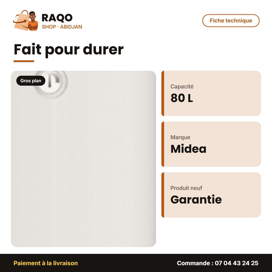 Chauffe Eau El. Vert. Md Midea – 80L – Stockage Scellé – Réservoir Ti+saphir Émail | M_D80-15FN