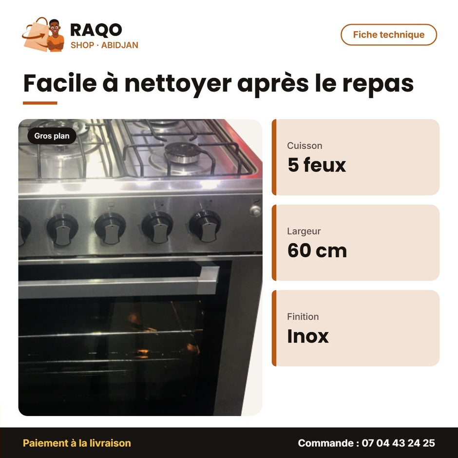 Gazinière Nasco – 5 Feux – Miroir Inox-Noir – 80*60CM | GCNAS-8060S/SM