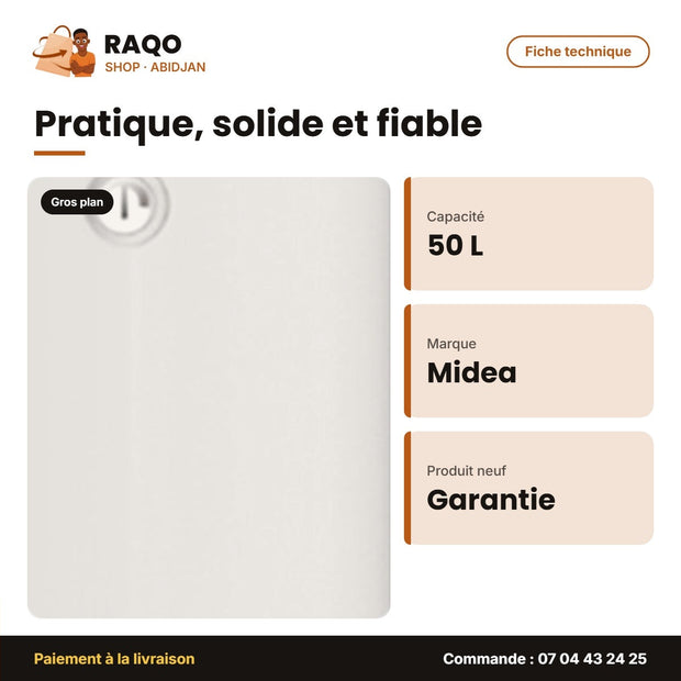 Chauffe Eau El. Vert. Md Midea – 50L – Stockage Scellé – Réservoir Ti+saphir Émail | M_D50-15FN