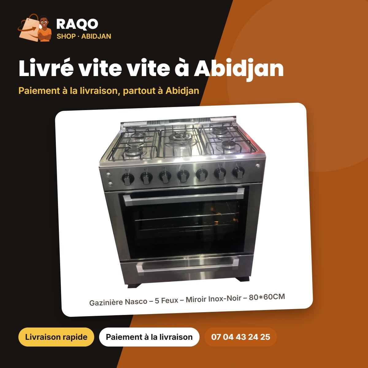 Gazinière Nasco – 5 Feux – Miroir Inox-Noir – 80*60CM | GCNAS-8060S/SM