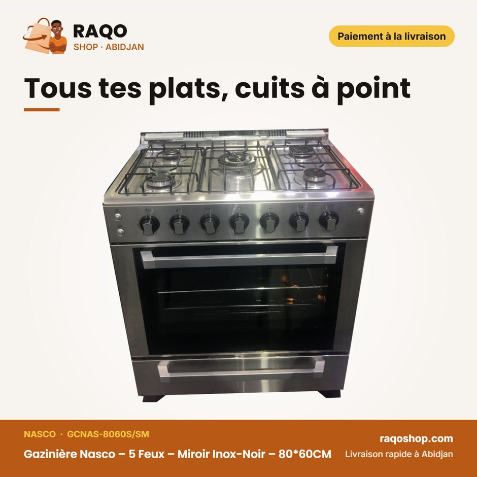 Gazinière Nasco – 5 Feux – Miroir Inox-Noir – 80*60CM | GCNAS-8060S/SM