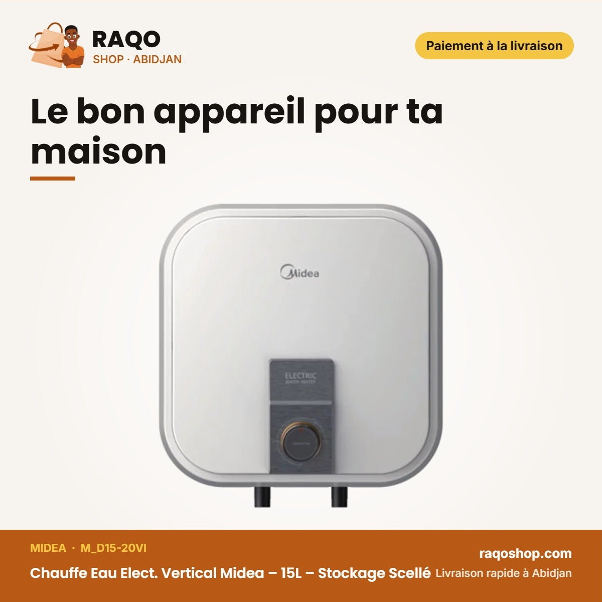 Chauffe Eau Elect. Vertical Midea – 15L – Stockage Scellé – Chauffage Express | M_D15-20VI