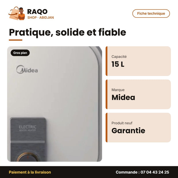 Chauffe Eau Elect. Vertical Midea – 15L – Stockage Scellé – Chauffage Express | M_D15-20VI