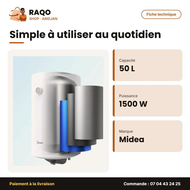Chauffe Eau Électrique Vertical Midea – 50L – Pot en Émail – 1500W | D50-15FG