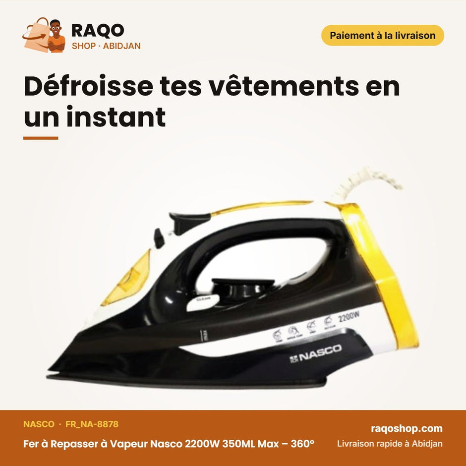 Fer à Repasser à Vapeur Nasco 2200W 350ML Max – 360° – Noir-Blanc | FR_NA-8878