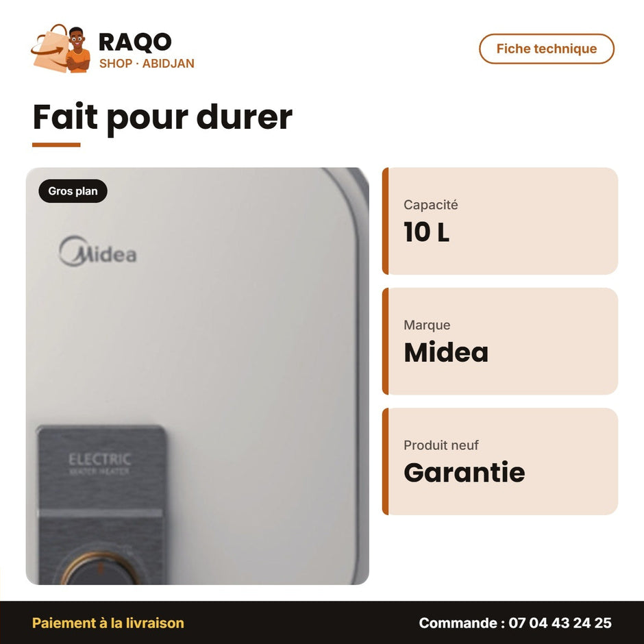 Chauffe Eau Elect. Vertical Midea – 10L – Stockage Scellé – Chauffage Express | M_D10-20VI