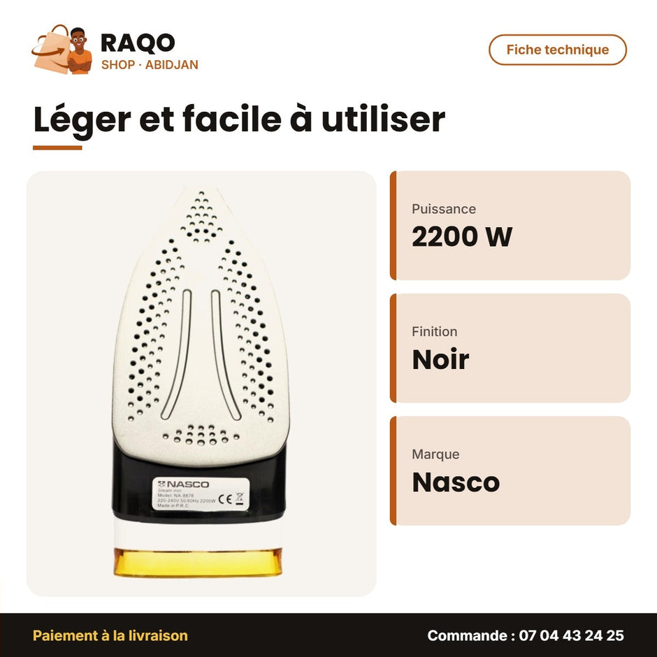 Fer à Repasser à Vapeur Nasco 2200W 350ML Max – 360° – Noir-Blanc | FR_NA-8878