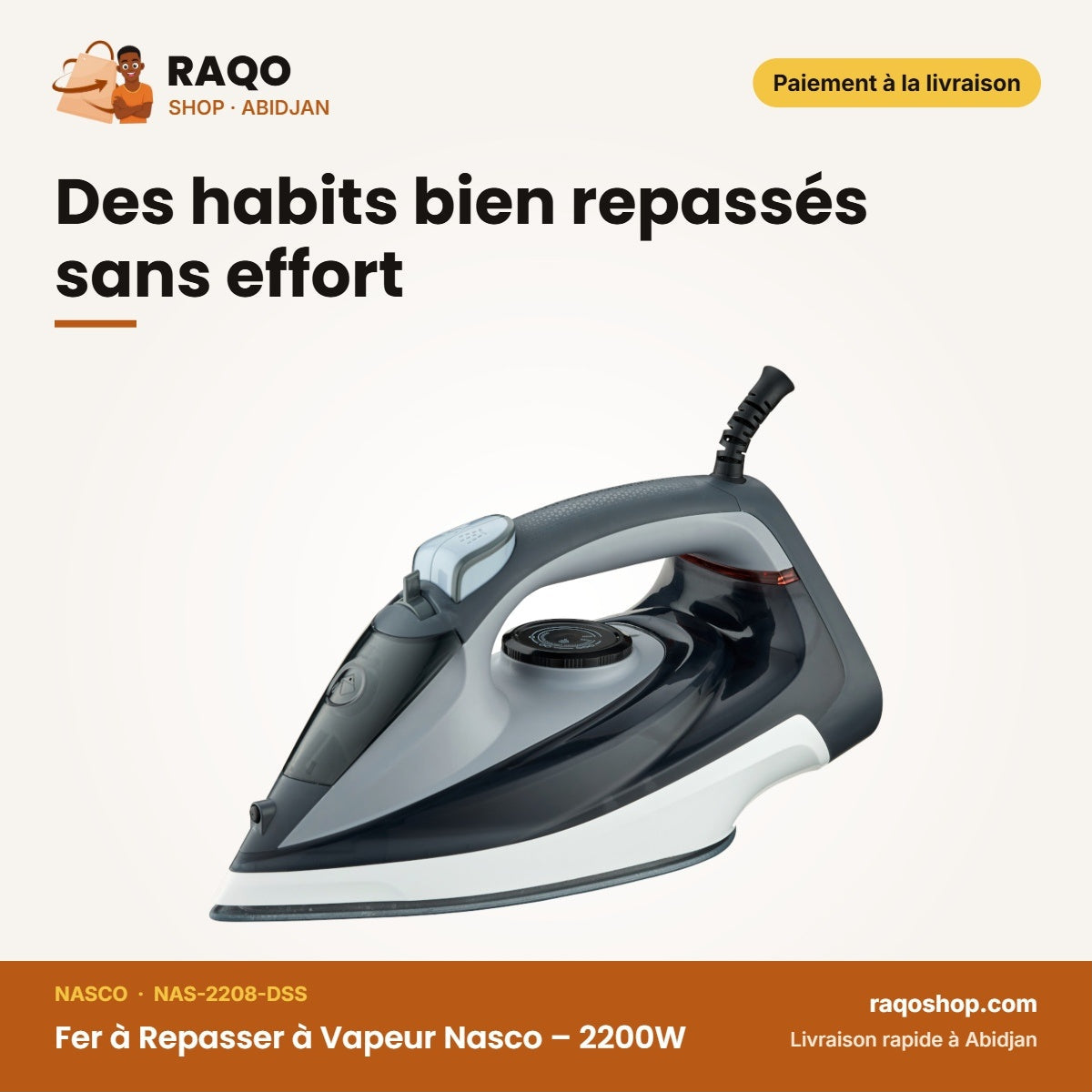 Fer à Repasser à Vapeur Nasco – 2200W – Semelle Ceramique – 500ML Eau | NAS-2208-DSS