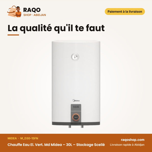 Chauffe Eau El. Vert. Md Midea – 30L – Stockage Scellé – Réservoir Ti+saphir Émail | M_D30-15FN
