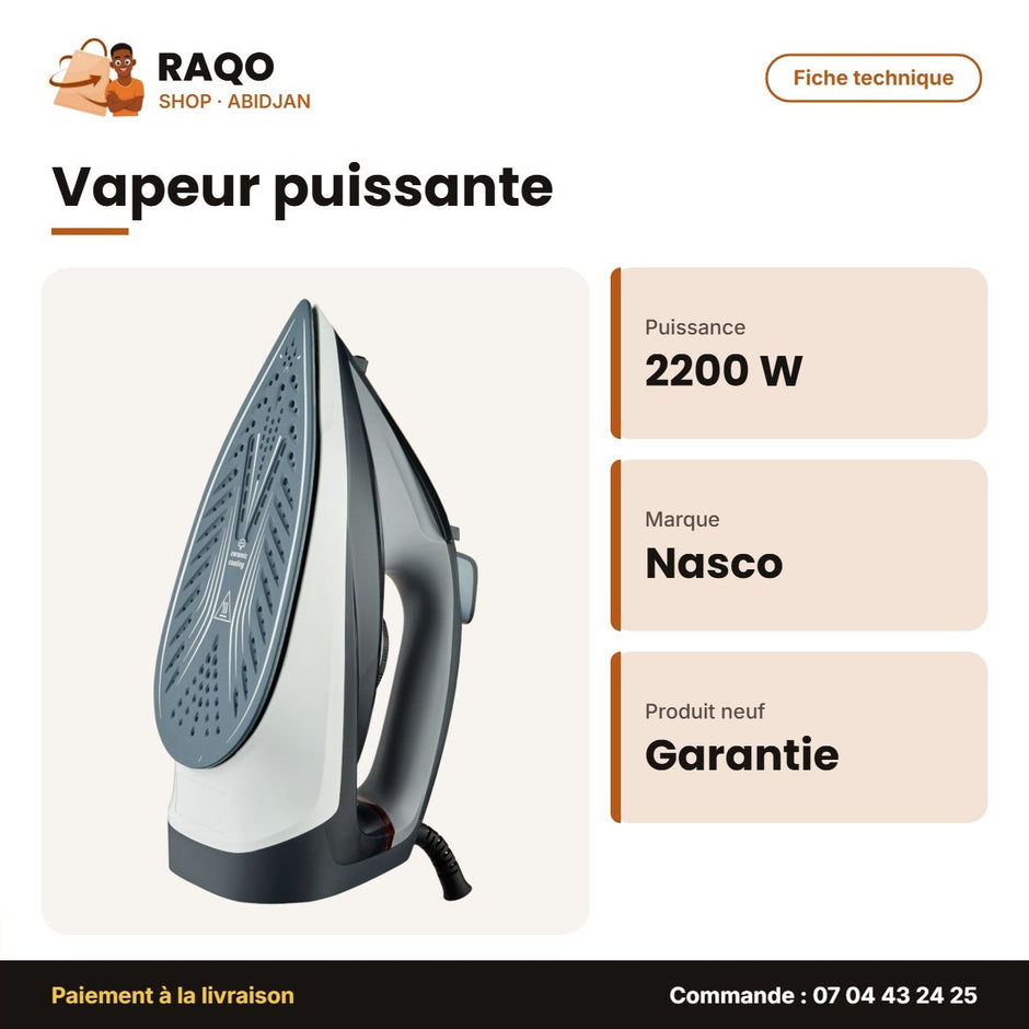 Fer à Repasser à Vapeur Nasco – 2200W – Semelle Ceramique – 500ML Eau | NAS-2208-DSS