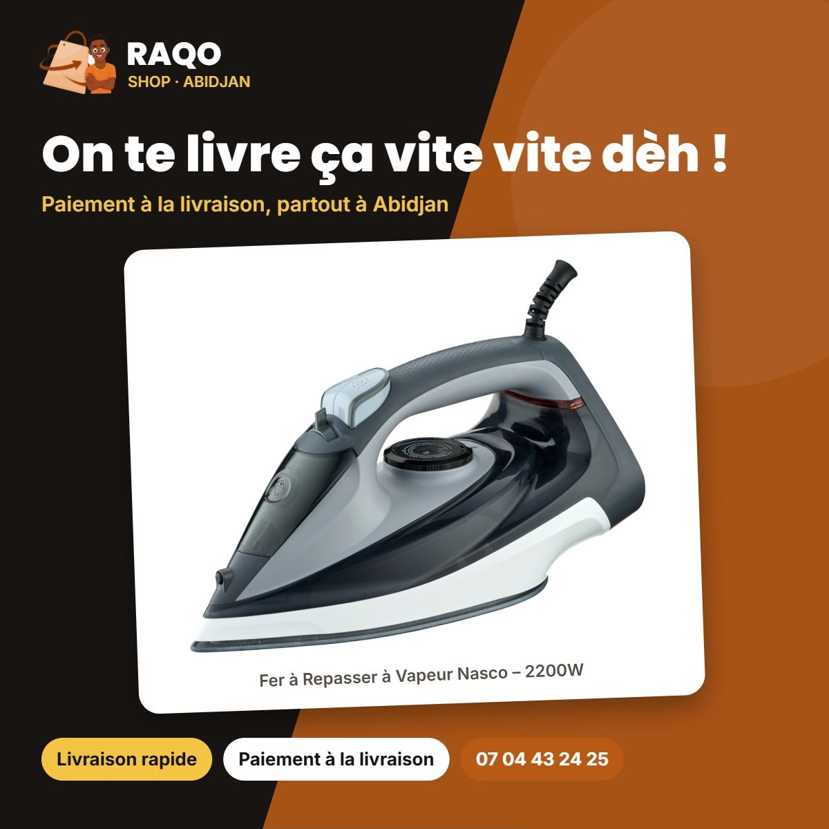 Fer à Repasser à Vapeur Nasco – 2200W – Semelle Ceramique – 500ML Eau | NAS-2208-DSS