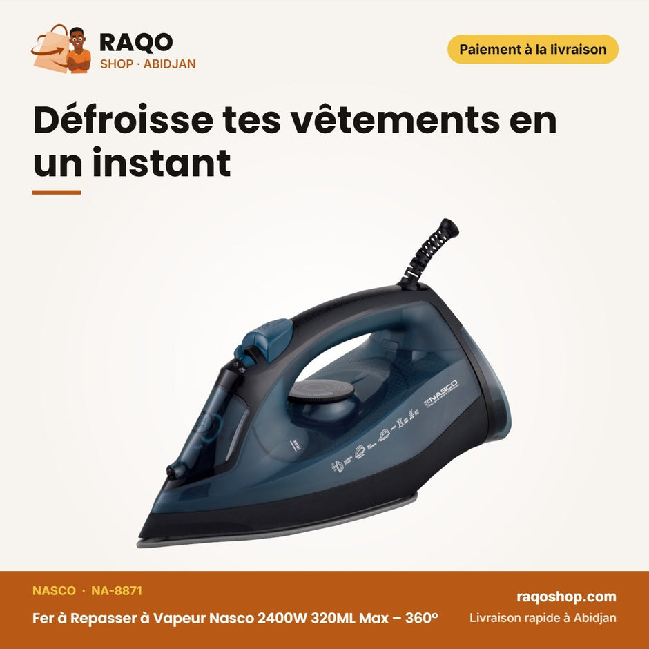 Fer à Repasser à Vapeur Nasco 2400W 320ML Max – 360° – Noir-Bleu Fonce | NA-8871