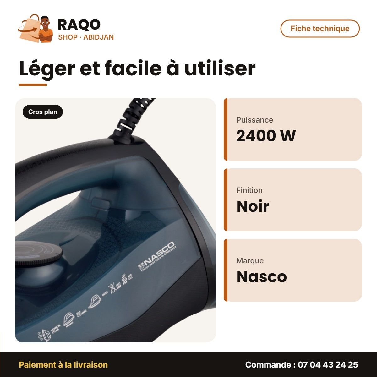 Fer à Repasser à Vapeur Nasco 2400W 320ML Max – 360° – Noir-Bleu Fonce | NA-8871