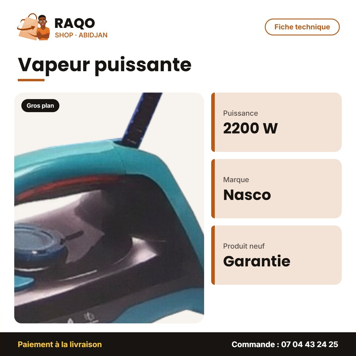 Fer à Repasser à Vapeur Nasco 2200W 350ML Max – 360° | FR_NA-8892