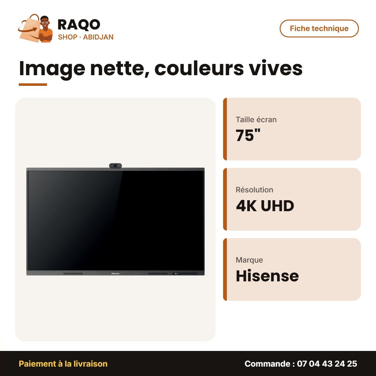 TV LED 75'' Écran Display Commercial Hisense – 4K UHD – Android 13.0 – Tactile | 75WM6FE