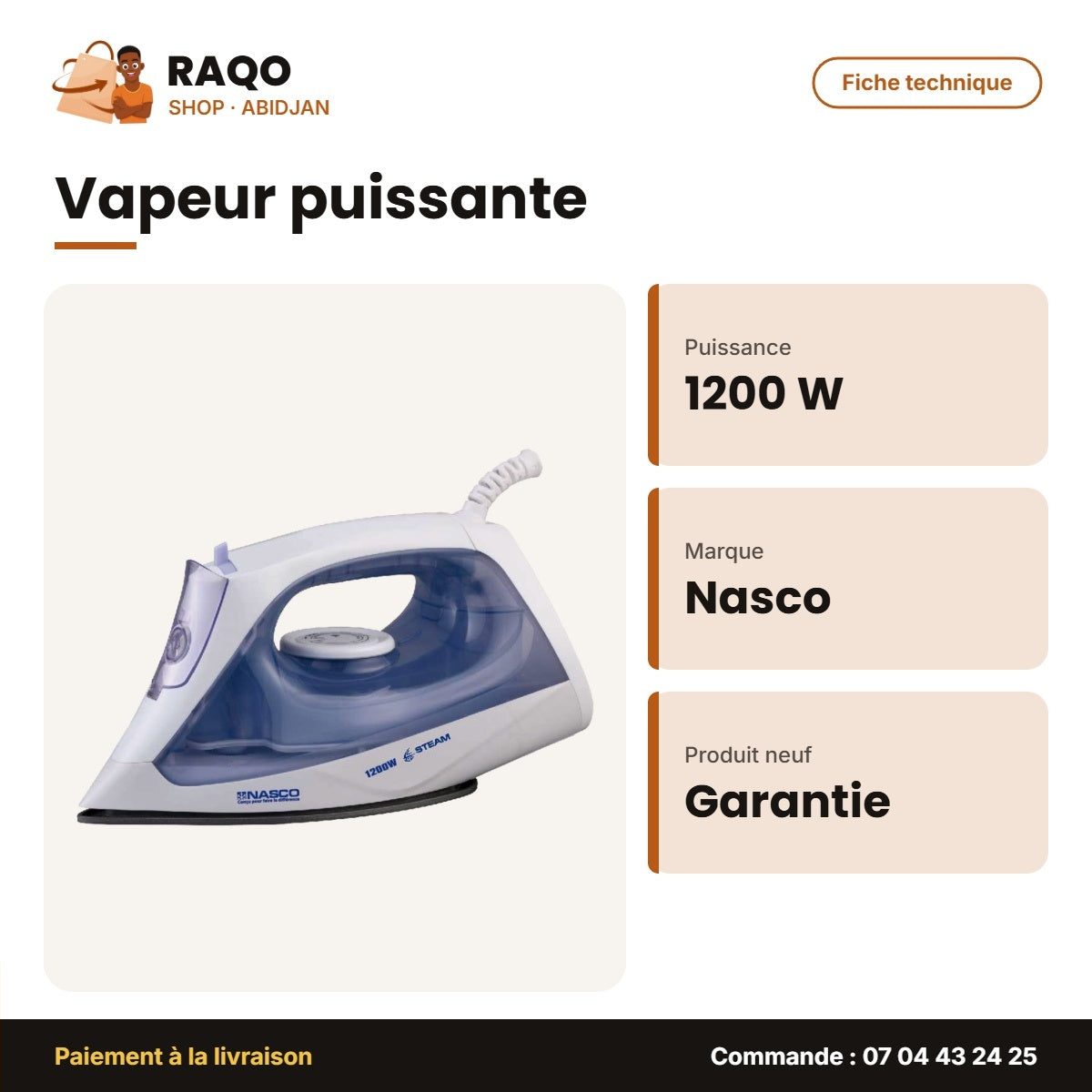 Fer à Repasser à Vapeur Nasco – 1200W – Semelle Anti Adhésive – 250ML Eau | NAS-2202C-DS