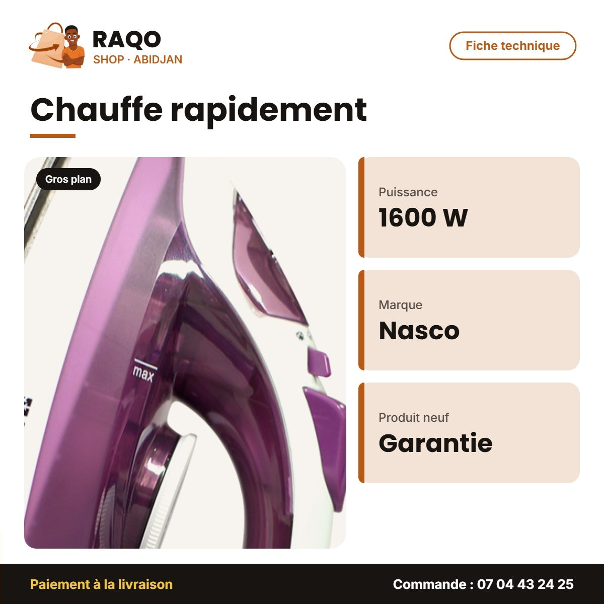 Fer à Repasser à Vapeur Nasco 1600W 180ML Max – 360° | FR_NA-8827A