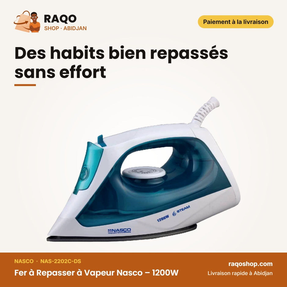 Fer à Repasser à Vapeur Nasco – 1200W – Semelle Anti Adhésive – 250ML Eau | NAS-2202C-DS