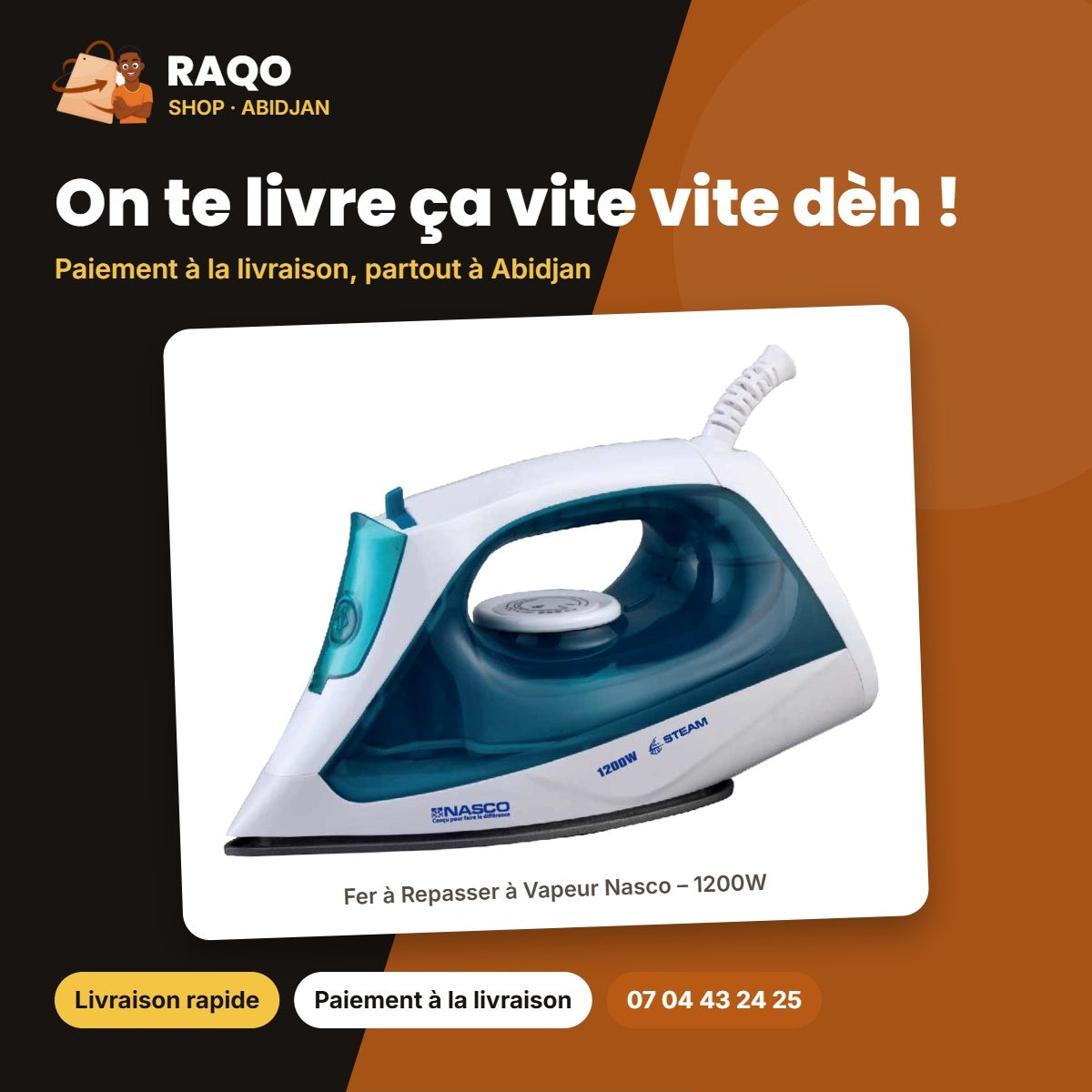 Fer à Repasser à Vapeur Nasco – 1200W – Semelle Anti Adhésive – 250ML Eau | NAS-2202C-DS