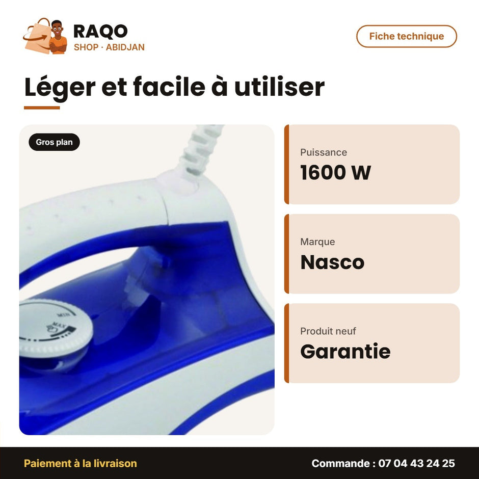 Fer à Repasser à Vapeur Nasco 1600W 170ML Max – 360° | FR_NA-8817E