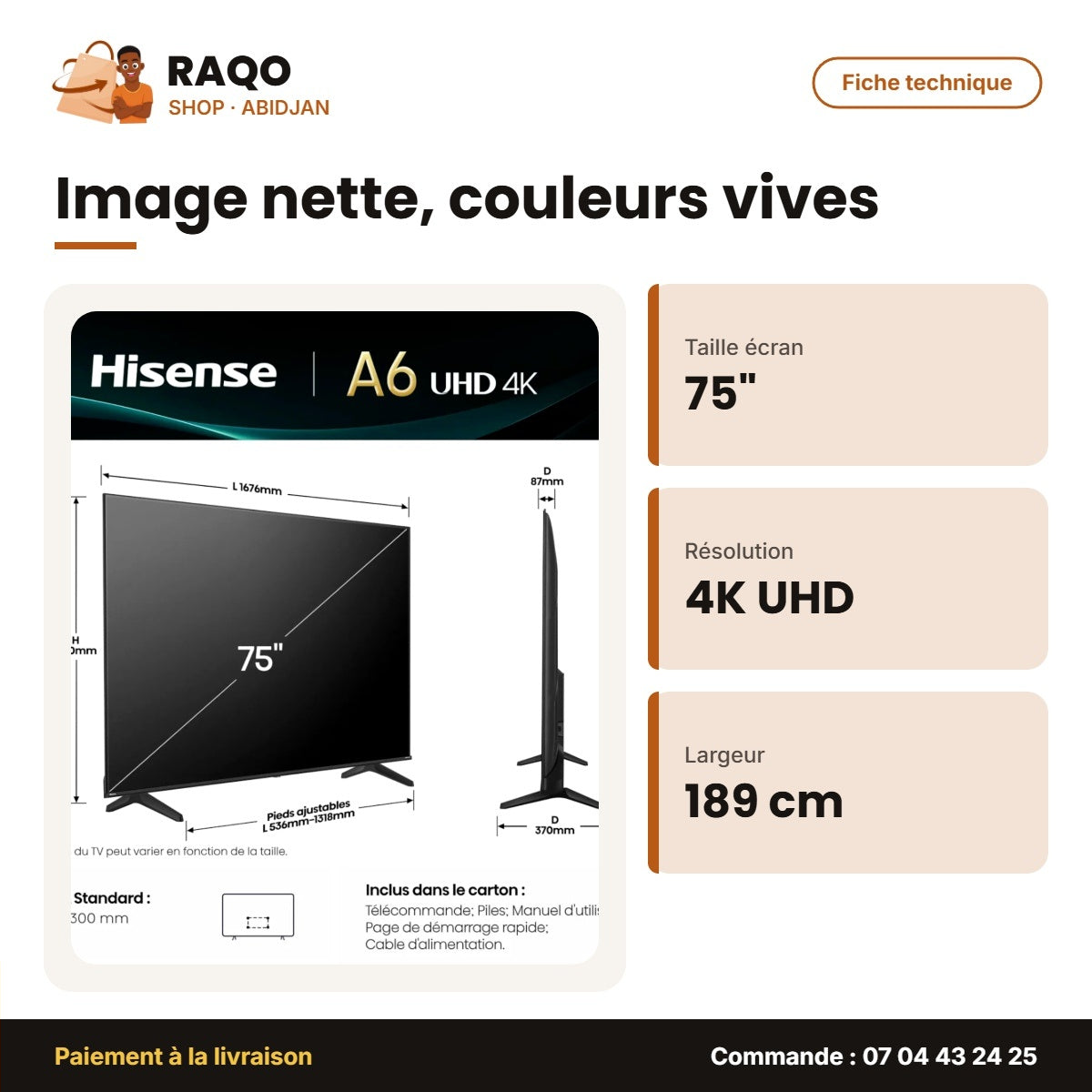 TV LED 75'' Hisense – 4K UHD – 189cm – Smart Vidaa | 75A6Q